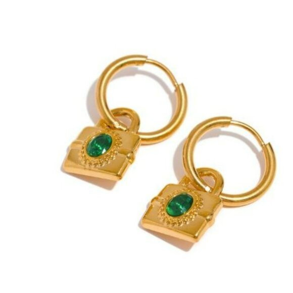 Emerald Green Cubic Zirconia 18K Gold Plated Lock Dangle Earrings NEW - Picture 1 of 11